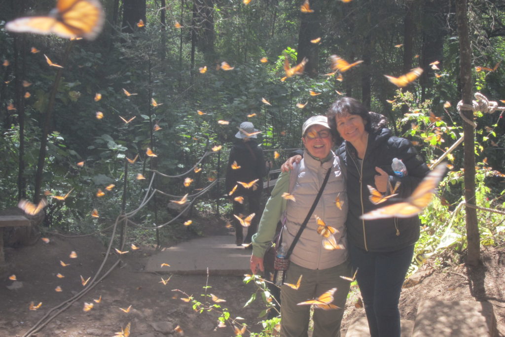 Maru, leader of the Spanish Language Institute of Cuernavaca, poses with a tour/student, Barbara, from Minnesota at the Rosario Monarch Butterfly Sanctuary